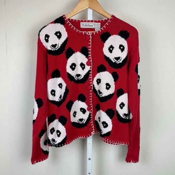 Vintage 90s Belle Pointe Panda Cardigan Sweater Red Black‎ Button Up Size Medium - Picture 2 of 8